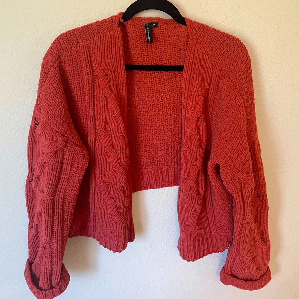 Cropped burnt orange cable knit cardigan with bell sleeves. In great condition!